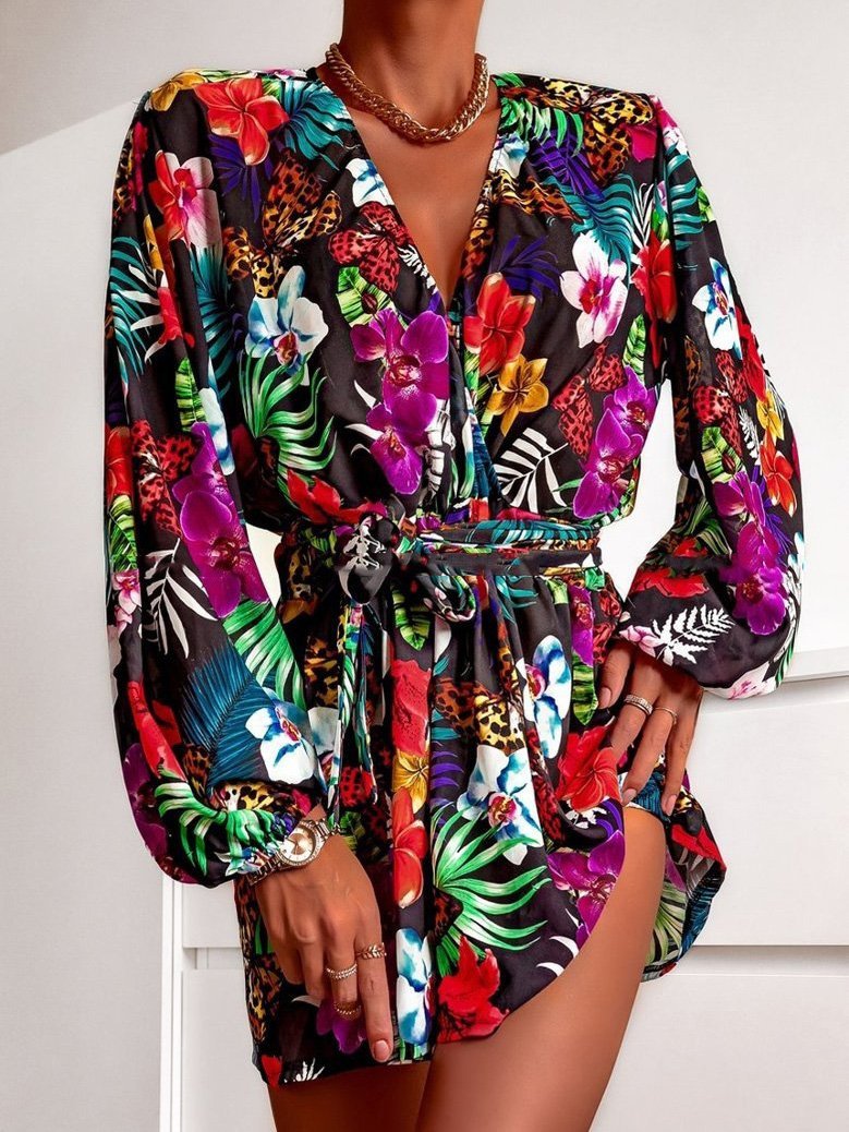 Women's Dresses V-Neck Printed Lantern Sleeve Long Sleeve Dress - Mini Dresses - INS | Online Fashion Free Shipping Clothing, Dresses, Tops, Shoes - 12/08/2021 - 20-30 - Category_Mini Dresses