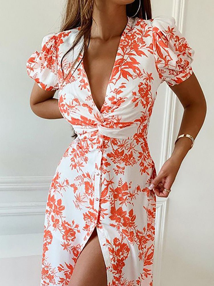 Women's Dresses V-Neck Printed Short Sleeve Slit Dress - Maxi Dresses - Instastyled | Online Fashion Free Shipping Clothing, Dresses, Tops, Shoes - 15/02/2022 - 40-50 - color-pink