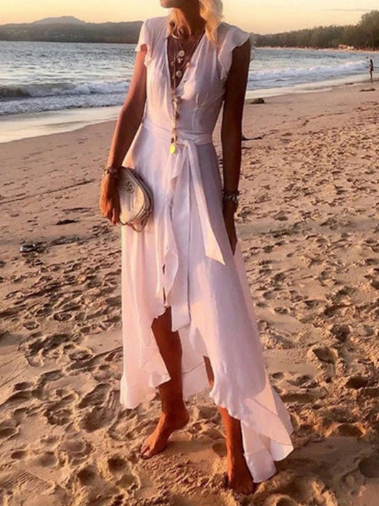 Women's Dresses V-Neck Ruffled Belted Irregular Dress - Maxi Dresses - Instastyled | Online Fashion Free Shipping Clothing, Dresses, Tops, Shoes - 25/02/2022 - 40-50 - color-orange