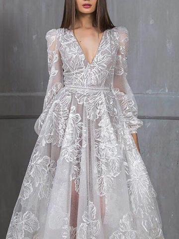 Women's Dresses V-Neck Sequin Embroidered Long Sleeve Party Dress - Maxi Dresses - INS | Online Fashion Free Shipping Clothing, Dresses, Tops, Shoes - 29/11/2021 - color-white - Color_White