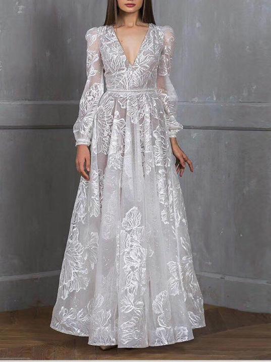 Women's Dresses V-Neck Sequin Embroidered Long Sleeve Party Dress - Maxi Dresses - INS | Online Fashion Free Shipping Clothing, Dresses, Tops, Shoes - 29/11/2021 - color-white - Color_White