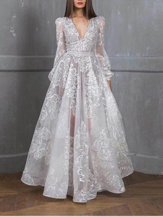 Women's Dresses V-Neck Sequin Embroidered Long Sleeve Party Dress - Maxi Dresses - INS | Online Fashion Free Shipping Clothing, Dresses, Tops, Shoes - 29/11/2021 - color-white - Color_White