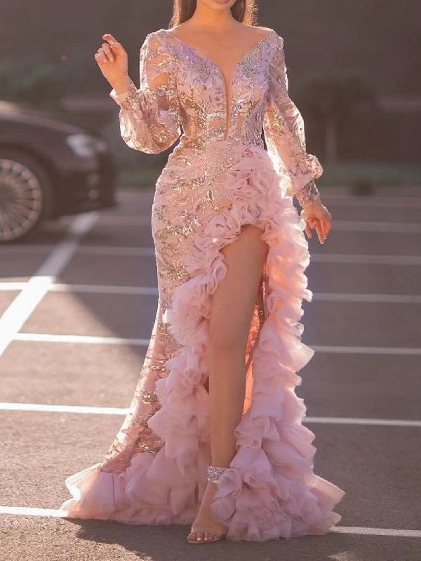 Women's Dresses V-Neck Sequin Mesh Irregular Long Sleeve Evening Dress - Maxi Dresses - Instastyled | Online Fashion Free Shipping Clothing, Dresses, Tops, Shoes - 23/12/2021 - color-pink - Color_Pink