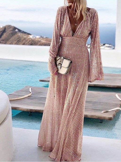 Women's Dresses V-Neck Sequined Long Sleeve Dress - Maxi Dresses - Instastyled | Online Fashion Free Shipping Clothing, Dresses, Tops, Shoes - 15/01/2022 - color-pink - Color_Pink