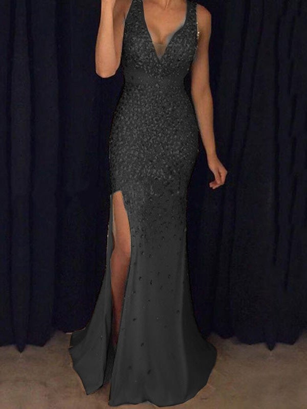 Women's Dresses V-Neck Sequined Split Evening Dress - Maxi Dresses - Instastyled | Online Fashion Free Shipping Clothing, Dresses, Tops, Shoes - 18/12/2021 - Color_Black - Color_Gold