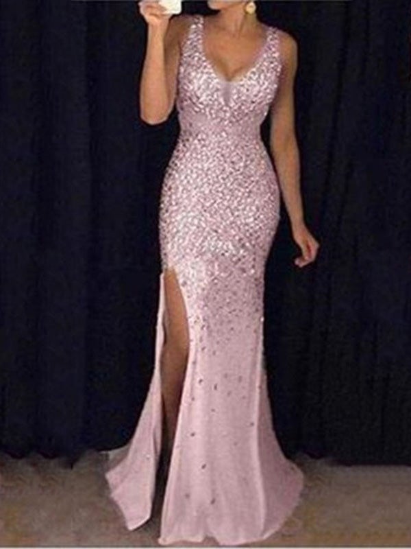 Women's Dresses V-Neck Sequined Split Evening Dress - Maxi Dresses - Instastyled | Online Fashion Free Shipping Clothing, Dresses, Tops, Shoes - 18/12/2021 - Color_Black - Color_Gold