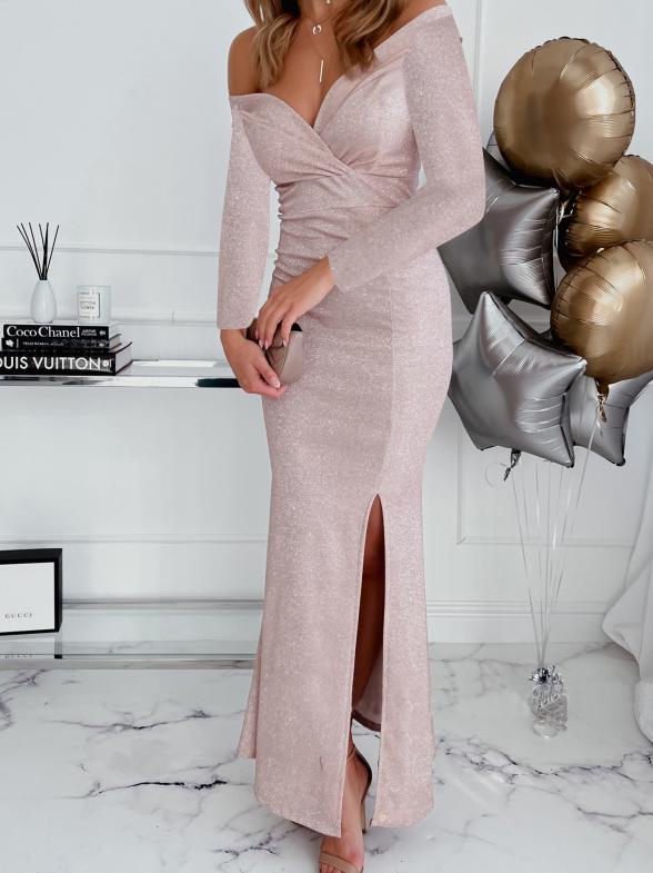 Women's Dresses V-Neck Shiny Split Long Sleeve Dress - Maxi Dresses - INS | Online Fashion Free Shipping Clothing, Dresses, Tops, Shoes - 24/11/2021 - color-black - color-khaki
