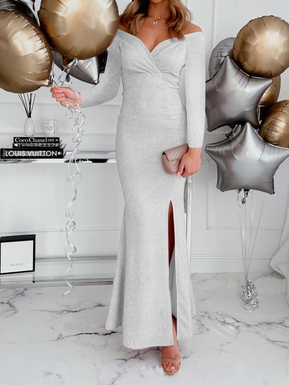 Women's Dresses V-Neck Shiny Split Long Sleeve Dress - Maxi Dresses - INS | Online Fashion Free Shipping Clothing, Dresses, Tops, Shoes - 24/11/2021 - color-black - color-khaki