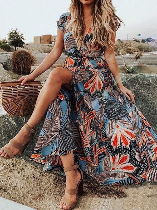 Women's Dresses V-Neck Short Sleeve Boho Print Slit Dress - Maxi Dresses - Instastyled | Online Fashion Free Shipping Clothing, Dresses, Tops, Shoes - 22/01/2022 - 40-50 - color-black