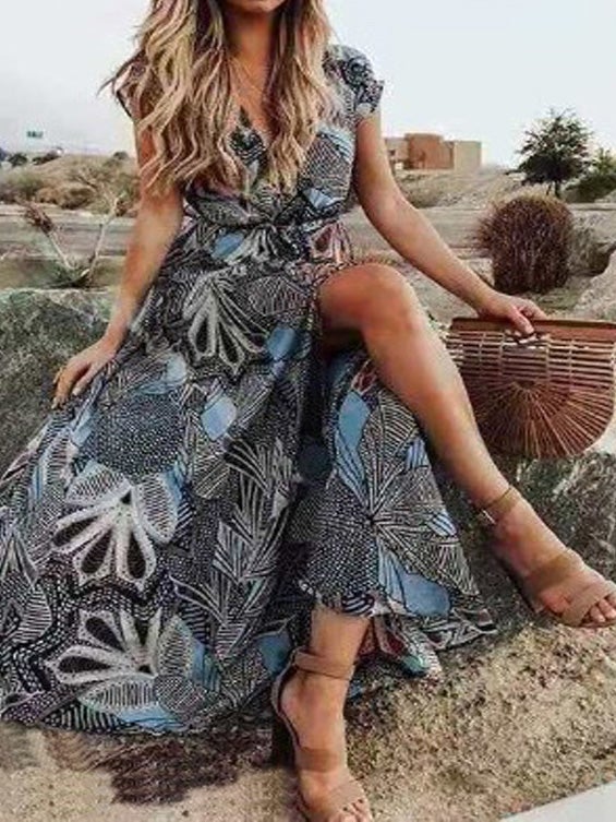Women's Dresses V-Neck Short Sleeve Boho Print Slit Dress - Maxi Dresses - Instastyled | Online Fashion Free Shipping Clothing, Dresses, Tops, Shoes - 22/01/2022 - 40-50 - color-black