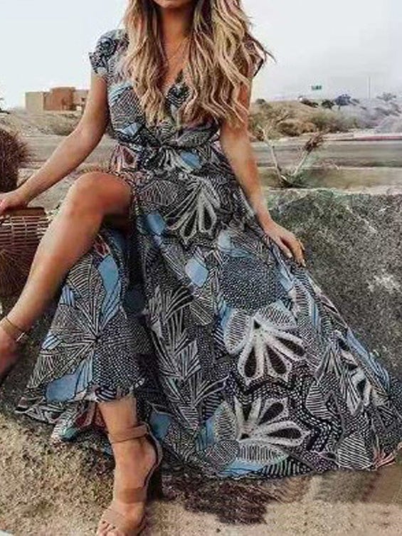 Women's Dresses V-Neck Short Sleeve Boho Print Slit Dress - Maxi Dresses - Instastyled | Online Fashion Free Shipping Clothing, Dresses, Tops, Shoes - 22/01/2022 - 40-50 - color-black