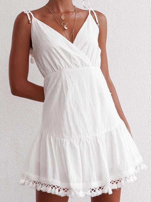 Women's Dresses V-Neck Sling Bare Back Fringe Dress - Mini Dresses - Instastyled | Online Fashion Free Shipping Clothing, Dresses, Tops, Shoes - 10/02/2022 - 20-30 - color-white