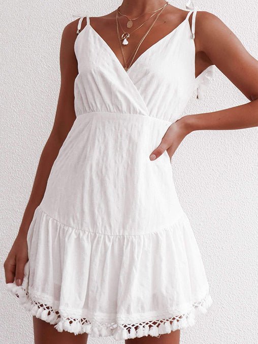 Women's Dresses V-Neck Sling Bare Back Fringe Dress - Mini Dresses - Instastyled | Online Fashion Free Shipping Clothing, Dresses, Tops, Shoes - 10/02/2022 - 20-30 - color-white