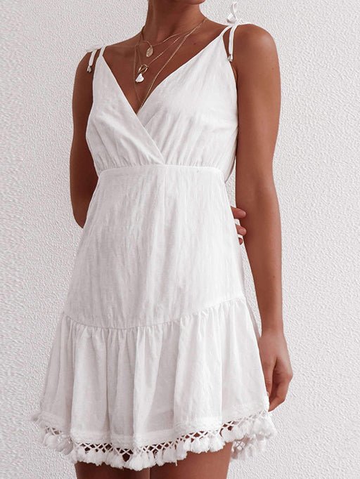 Women's Dresses V-Neck Sling Bare Back Fringe Dress - Mini Dresses - Instastyled | Online Fashion Free Shipping Clothing, Dresses, Tops, Shoes - 10/02/2022 - 20-30 - color-white