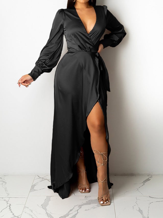 Women's Dresses V-Neck Solid Irregular Long Sleeve Dress - Maxi Dresses - Instastyled | Online Fashion Free Shipping Clothing, Dresses, Tops, Shoes - 15/01/2022 - 40-50 - color-black