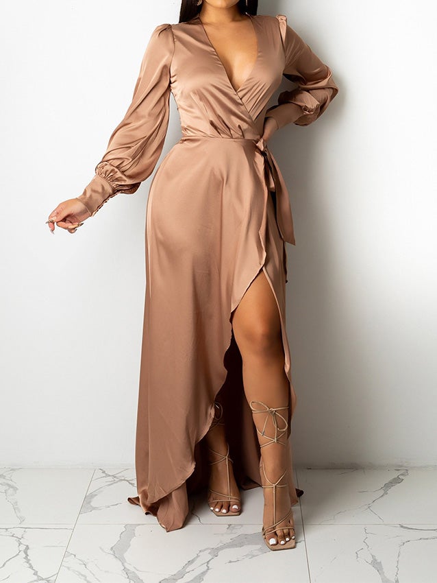 Women's Dresses V-Neck Solid Irregular Long Sleeve Dress - Maxi Dresses - Instastyled | Online Fashion Free Shipping Clothing, Dresses, Tops, Shoes - 15/01/2022 - 40-50 - color-black