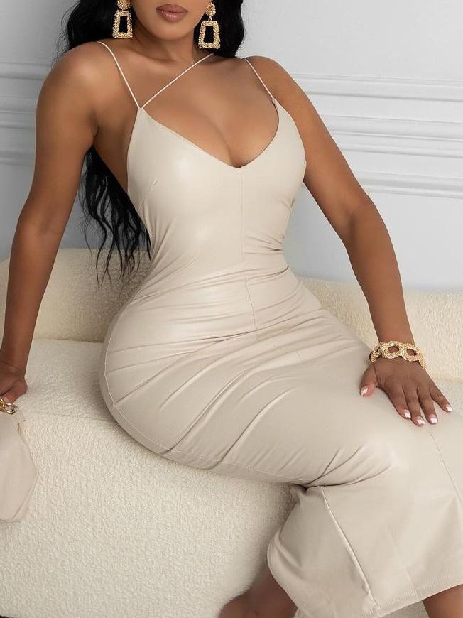 Women's Dresses V-Neck Strap Bare Back Split Leather Dress - Midi Dresses - INS | Online Fashion Free Shipping Clothing, Dresses, Tops, Shoes - 30/11/2021 - 40-50 - Bodycon Dresses