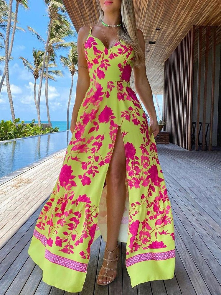 Women's Dresses V-Neck Suspender Print Slit Dress - Maxi Dresses - Instastyled | Online Fashion Free Shipping Clothing, Dresses, Tops, Shoes - 15/02/2022 - 40-50 - color-gold