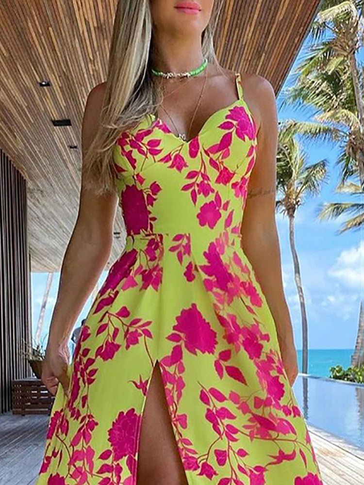 Women's Dresses V-Neck Suspender Print Slit Dress - Maxi Dresses - Instastyled | Online Fashion Free Shipping Clothing, Dresses, Tops, Shoes - 15/02/2022 - 40-50 - color-gold