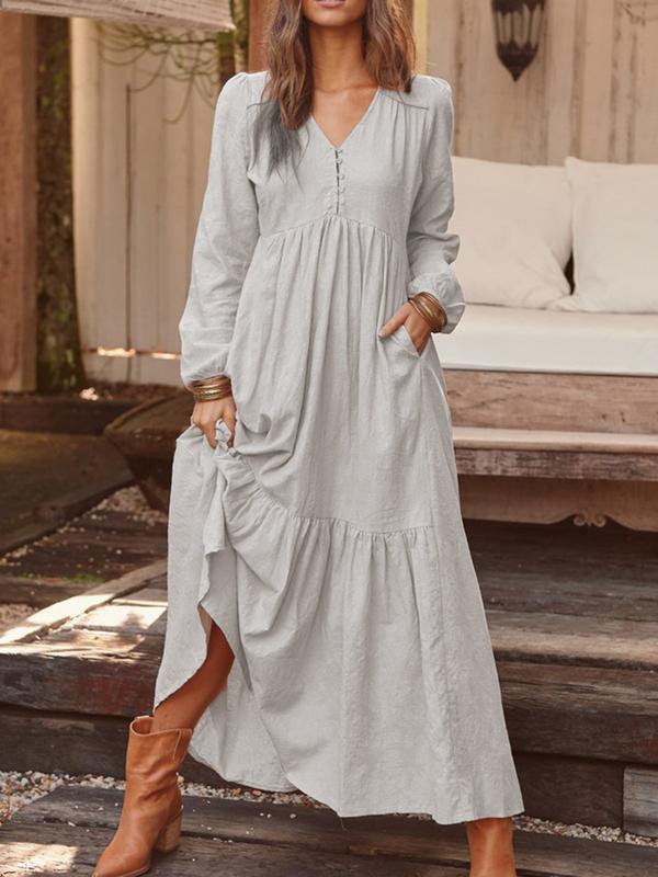 Women's Dresses V-Neck Vintage Buttoned Long Sleeve Dress - Maxi Dresses - INS | Online Fashion Free Shipping Clothing, Dresses, Tops, Shoes - 15/09/2021 - 30-40 - Category_Maxi Dresses