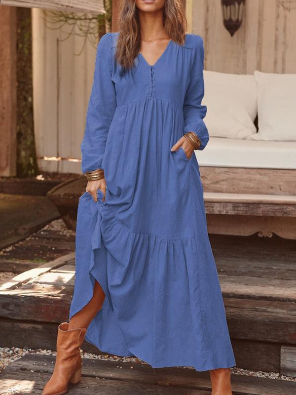 Women's Dresses V-Neck Vintage Buttoned Long Sleeve Dress - Maxi Dresses - INS | Online Fashion Free Shipping Clothing, Dresses, Tops, Shoes - 15/09/2021 - 30-40 - Category_Maxi Dresses