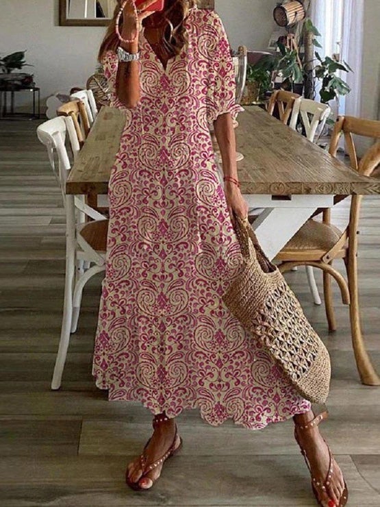 Women's Dresses V-Neck Vintage Print Dropped Short Sleeve Dress - Maxi Dresses - Instastyled | Online Fashion Free Shipping Clothing, Dresses, Tops, Shoes - 14/01/2022 - 40-50 - color-blue