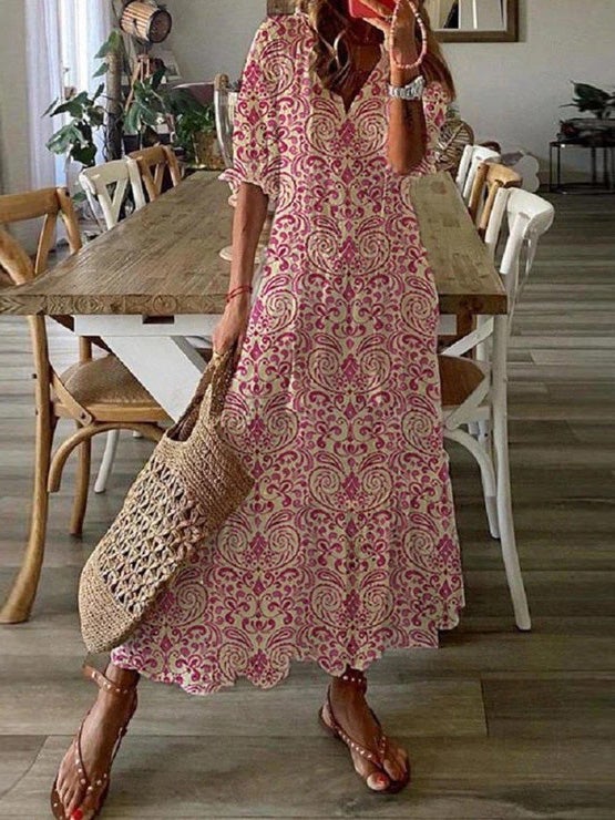 Women's Dresses V-Neck Vintage Print Dropped Short Sleeve Dress - Maxi Dresses - Instastyled | Online Fashion Free Shipping Clothing, Dresses, Tops, Shoes - 14/01/2022 - 40-50 - color-blue