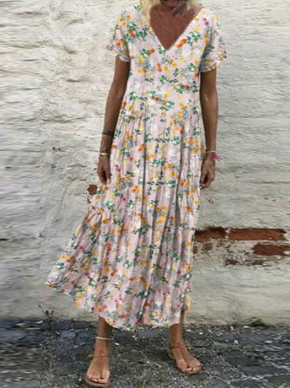 Women's Dresses V-Neck Vintage Print Short Sleeve Dress - Maxi Dresses - Instastyled | Online Fashion Free Shipping Clothing, Dresses, Tops, Shoes - 30-40 - 30/12/2021 - Casual Dresses