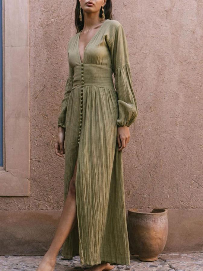 Women's Dresses Vintage Deep V-Neck Button Long Sleeve Dress - Maxi Dresses - INS | Online Fashion Free Shipping Clothing, Dresses, Tops, Shoes - 24/08/2021 - Category_Maxi Dresses - color-beige