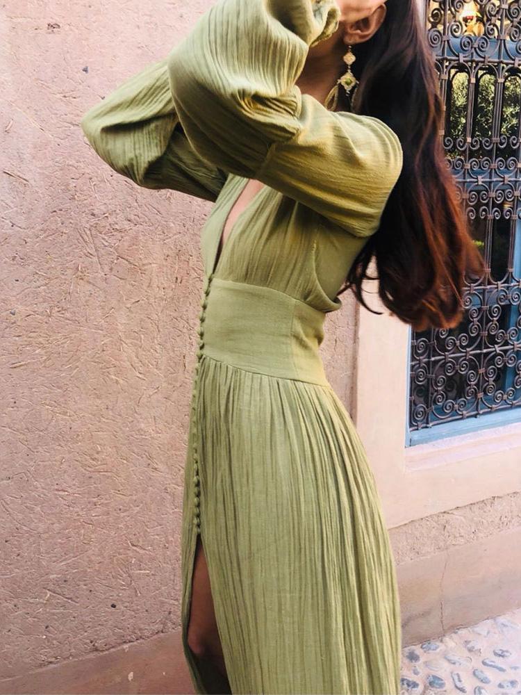 Women's Dresses Vintage Deep V-Neck Button Long Sleeve Dress - Maxi Dresses - INS | Online Fashion Free Shipping Clothing, Dresses, Tops, Shoes - 24/08/2021 - Category_Maxi Dresses - color-beige