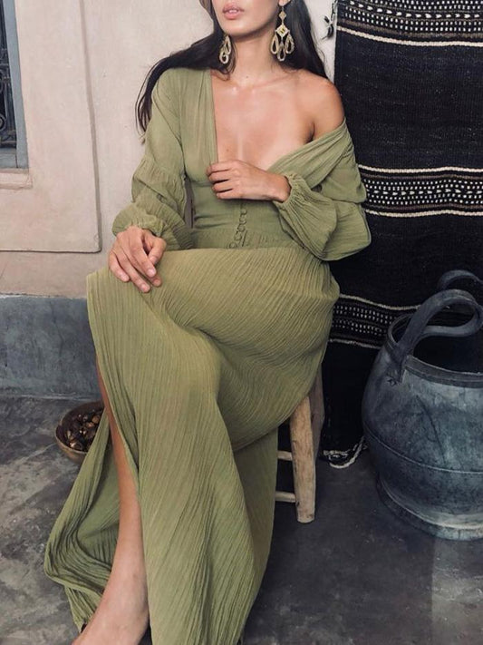 Women's Dresses Vintage Deep V-Neck Button Long Sleeve Dress - Maxi Dresses - INS | Online Fashion Free Shipping Clothing, Dresses, Tops, Shoes - 24/08/2021 - Category_Maxi Dresses - color-beige