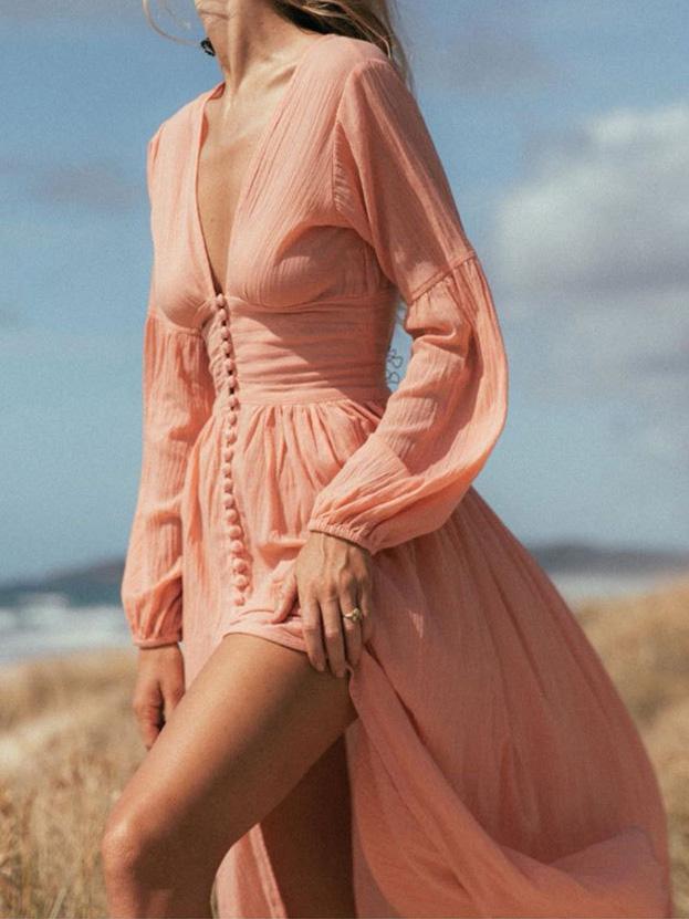 Women's Dresses Vintage Deep V-Neck Button Long Sleeve Dress - Maxi Dresses - INS | Online Fashion Free Shipping Clothing, Dresses, Tops, Shoes - 24/08/2021 - Category_Maxi Dresses - color-beige