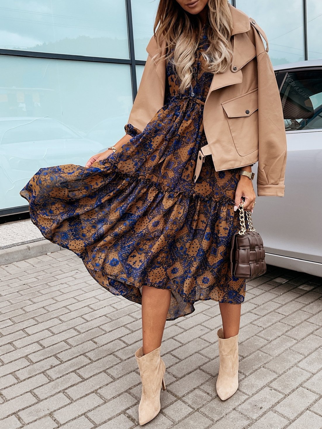 Women's Dresses Vintage Floral Print Button Long Sleeve Dress - Midi Dresses - INS | Online Fashion Free Shipping Clothing, Dresses, Tops, Shoes - 20/10/2021 - 30-40 - color-brown