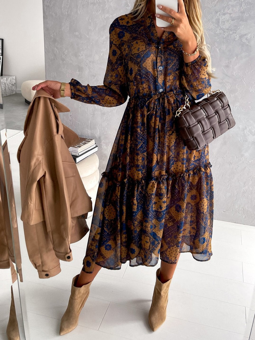 Women's Dresses Vintage Floral Print Button Long Sleeve Dress - Midi Dresses - INS | Online Fashion Free Shipping Clothing, Dresses, Tops, Shoes - 20/10/2021 - 30-40 - color-brown