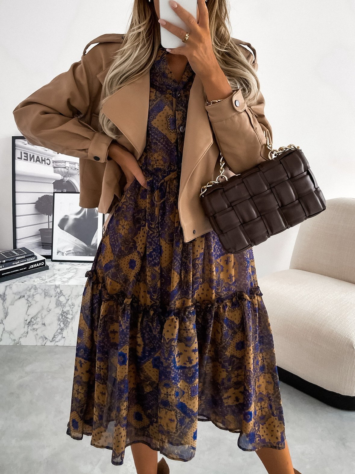 Women's Dresses Vintage Floral Print Button Long Sleeve Dress - Midi Dresses - INS | Online Fashion Free Shipping Clothing, Dresses, Tops, Shoes - 20/10/2021 - 30-40 - color-brown