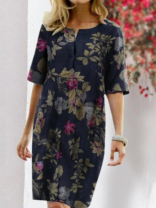 Women's Dresses Vintage Floral Round Neck Half Sleeve Dress - Midi Dresses - Instastyled | Online Fashion Free Shipping Clothing, Dresses, Tops, Shoes - 07/01/2022 - 20-30 - color-blue