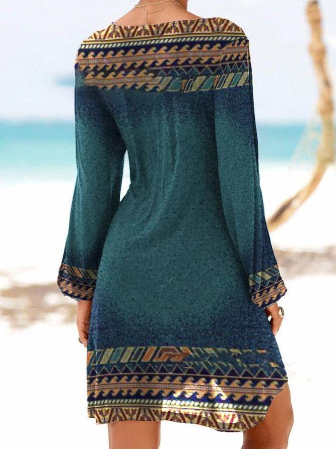 Women's Dresses Vintage Geometric Print Hollow Long Sleeve Dress - Mini Dresses - Instastyled | Online Fashion Free Shipping Clothing, Dresses, Tops, Shoes - 10/02/2022 - 30-40 - Casual Dresses