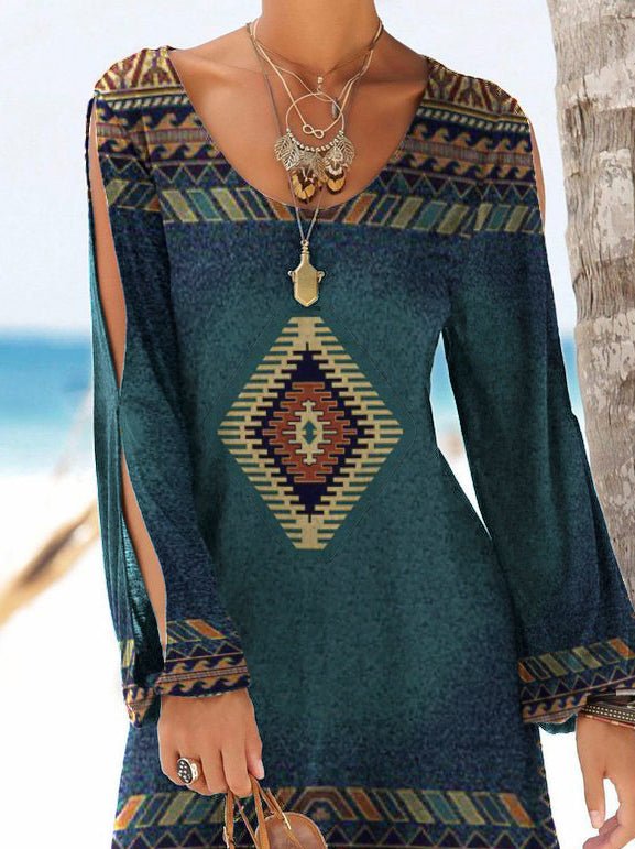 Women's Dresses Vintage Geometric Print Hollow Long Sleeve Dress - Mini Dresses - Instastyled | Online Fashion Free Shipping Clothing, Dresses, Tops, Shoes - 10/02/2022 - 30-40 - Casual Dresses