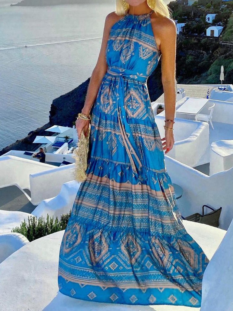 Women's Dresses Vintage Print Halter Belted Dress - Maxi Dresses - Instastyled | Online Fashion Free Shipping Clothing, Dresses, Tops, Shoes - 17/02/2022 - 40-50 - color-blue
