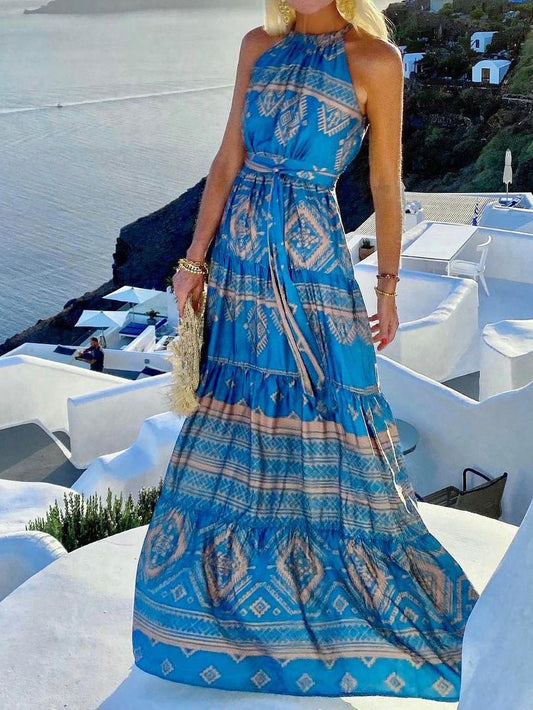 Women's Dresses Vintage Print Halter Belted Dress - Maxi Dresses - Instastyled | Online Fashion Free Shipping Clothing, Dresses, Tops, Shoes - 17/02/2022 - 40-50 - color-blue