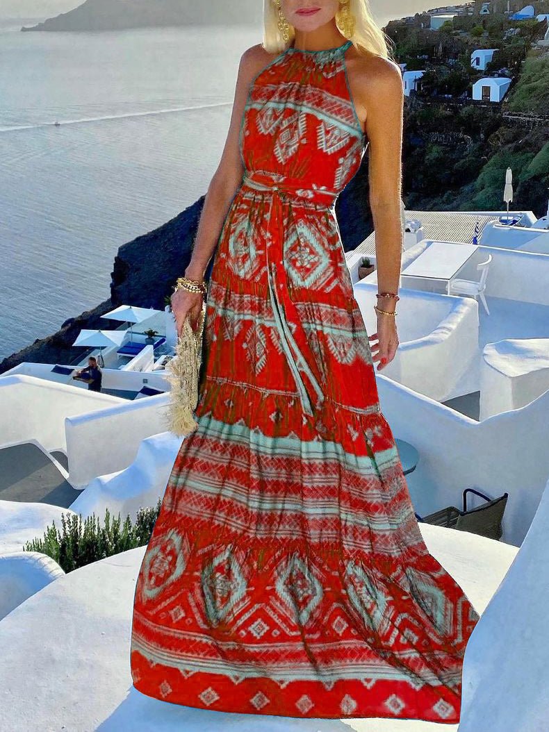 Women's Dresses Vintage Print Halter Belted Dress - Maxi Dresses - Instastyled | Online Fashion Free Shipping Clothing, Dresses, Tops, Shoes - 17/02/2022 - 40-50 - color-blue