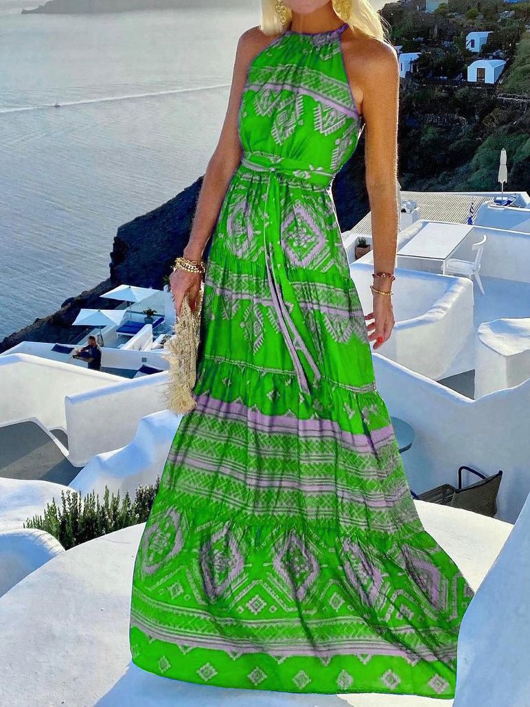 Women's Dresses Vintage Print Halter Belted Dress - Maxi Dresses - Instastyled | Online Fashion Free Shipping Clothing, Dresses, Tops, Shoes - 17/02/2022 - 40-50 - color-blue