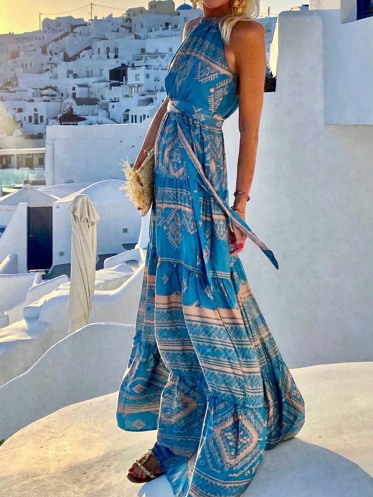 Women's Dresses Vintage Print Halter Belted Dress - Maxi Dresses - Instastyled | Online Fashion Free Shipping Clothing, Dresses, Tops, Shoes - 17/02/2022 - 40-50 - color-blue