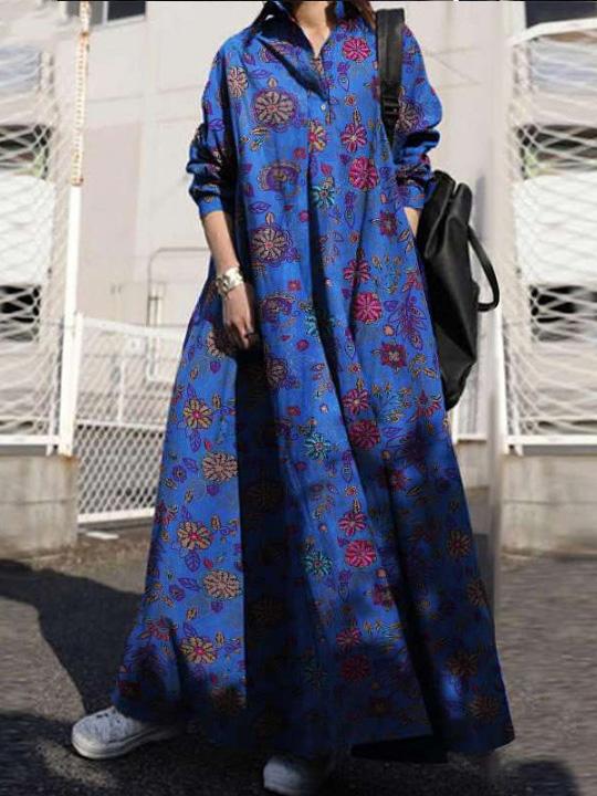Women's Dresses Vintage Print Pullover Long Sleeve Maxi Dress - Maxi Dresses - INS | Online Fashion Free Shipping Clothing, Dresses, Tops, Shoes - 30-40 - 30/08/2021 - Category_Maxi Dresses