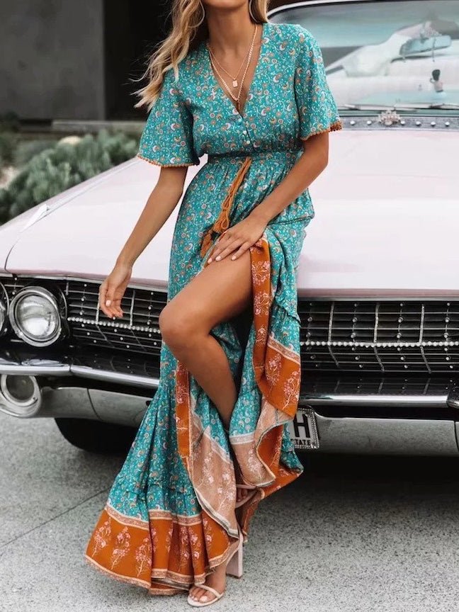 Women's Dresses Vintage Print V-Neck Belted Dress - Maxi Dresses - Instastyled | Online Fashion Free Shipping Clothing, Dresses, Tops, Shoes - 14/02/2022 - 40-50 - color-blue