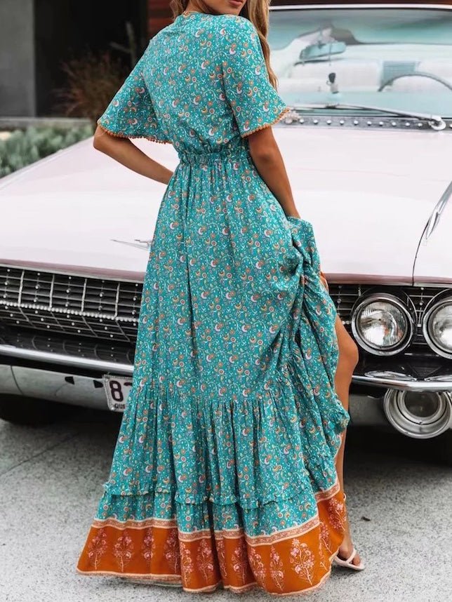 Women's Dresses Vintage Print V-Neck Belted Dress - Maxi Dresses - Instastyled | Online Fashion Free Shipping Clothing, Dresses, Tops, Shoes - 14/02/2022 - 40-50 - color-blue