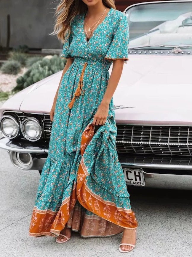 Women's Dresses Vintage Print V-Neck Belted Dress - Maxi Dresses - Instastyled | Online Fashion Free Shipping Clothing, Dresses, Tops, Shoes - 14/02/2022 - 40-50 - color-blue