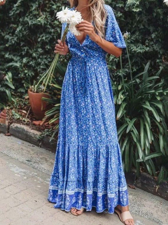 Women's Dresses Vintage Print V-Neck Belted Dress - Maxi Dresses - Instastyled | Online Fashion Free Shipping Clothing, Dresses, Tops, Shoes - 14/02/2022 - 40-50 - color-blue