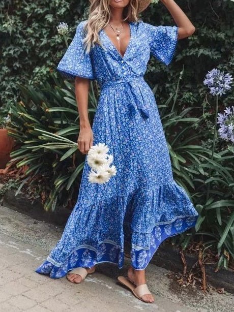 Women's Dresses Vintage Print V-Neck Belted Dress - Maxi Dresses - Instastyled | Online Fashion Free Shipping Clothing, Dresses, Tops, Shoes - 14/02/2022 - 40-50 - color-blue