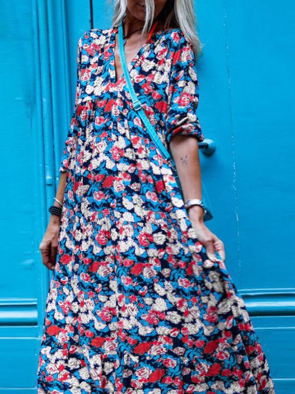 Women's Dresses Vintage Print V-Neck Long Sleeve Dress - Maxi Dresses - INS | Online Fashion Free Shipping Clothing, Dresses, Tops, Shoes - 20-30 - 22/09/2021 - Casual Dresses